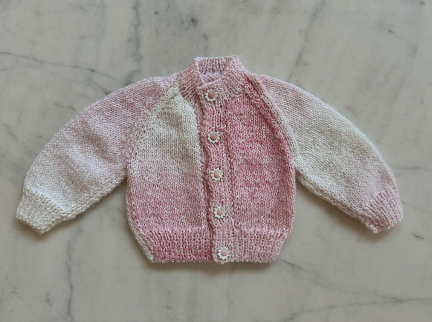 Handknitted Cardigan - 0-3 months (Size: 000) Pastel Pink and White Multi