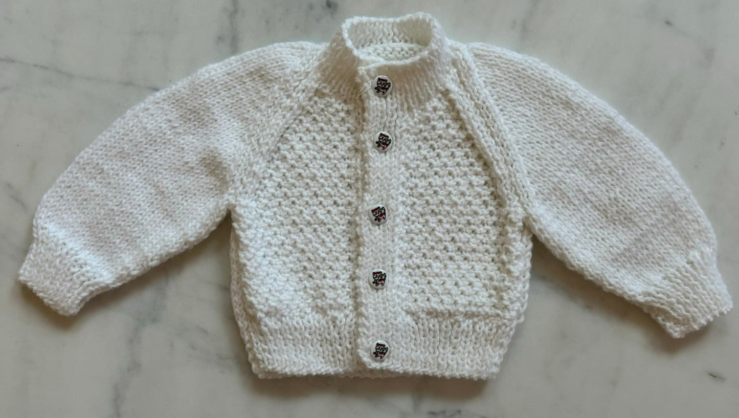 Handknitted Cardigan - 0-3 months (Size: 000) White (Kitten button)