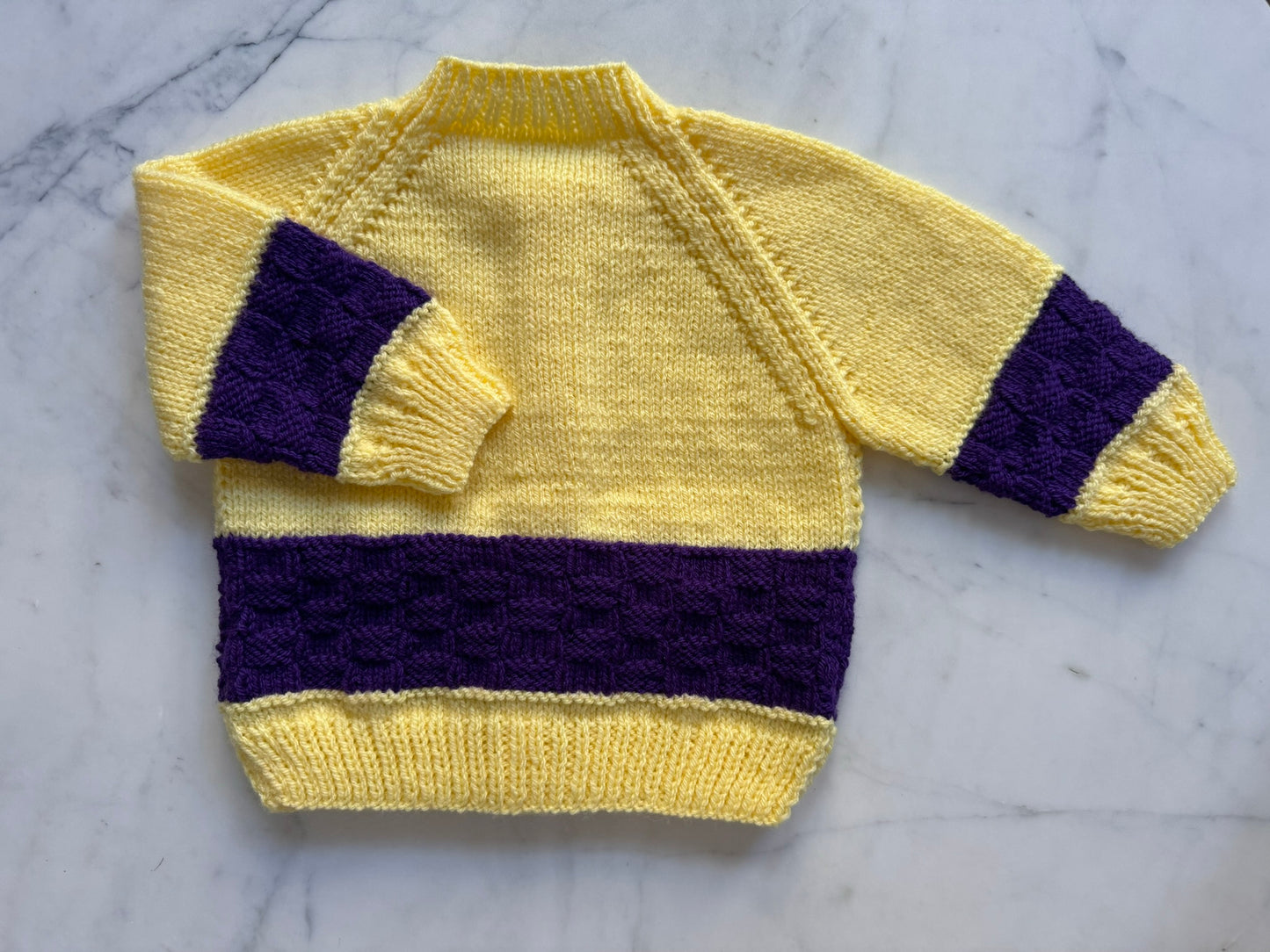 Handknitted Cardigan - 18-24 months (Size: 2) Lemon Yellow and Dark Purple