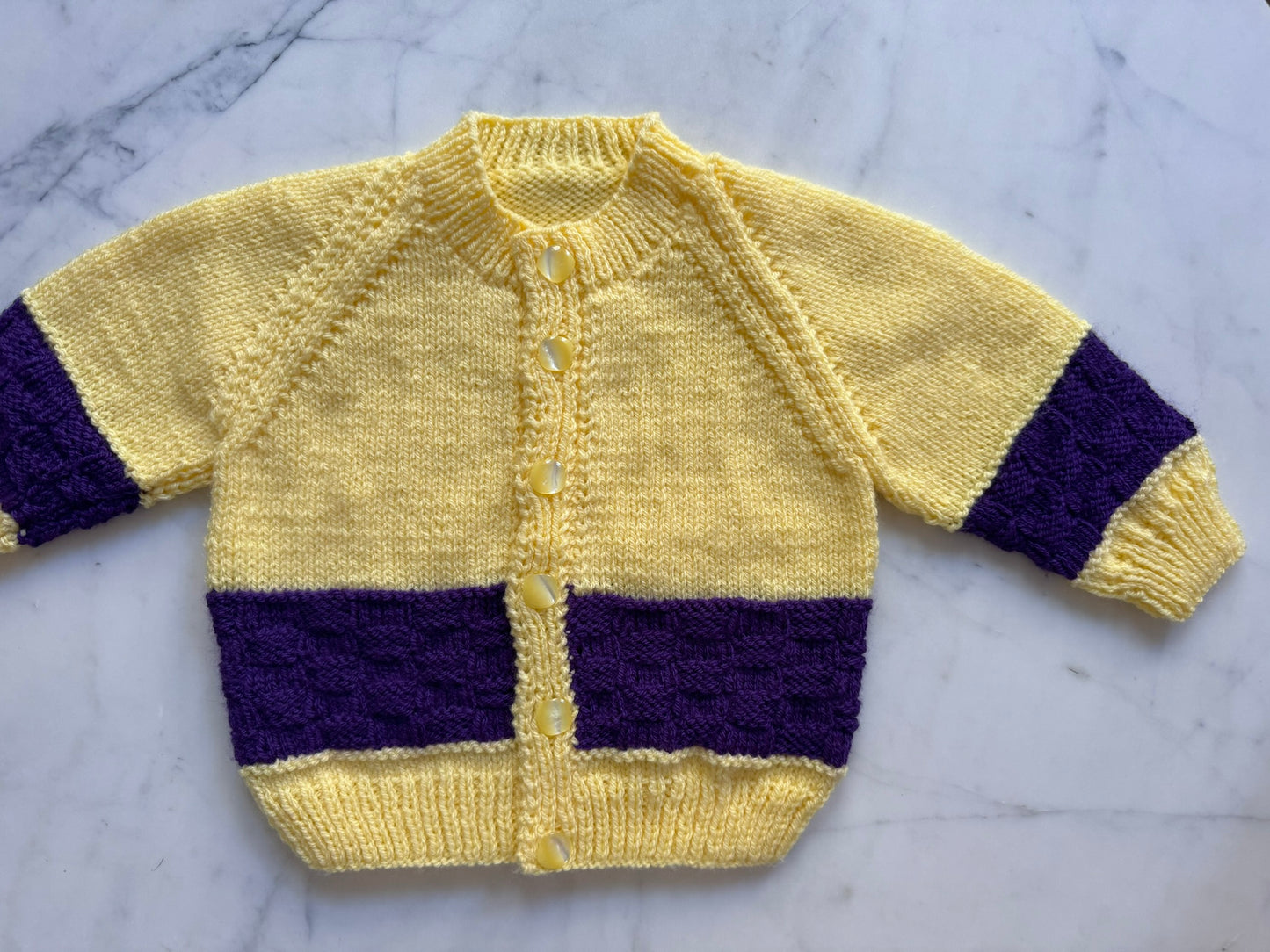 Handknitted Cardigan - 18-24 months (Size: 2) Lemon Yellow and Dark Purple