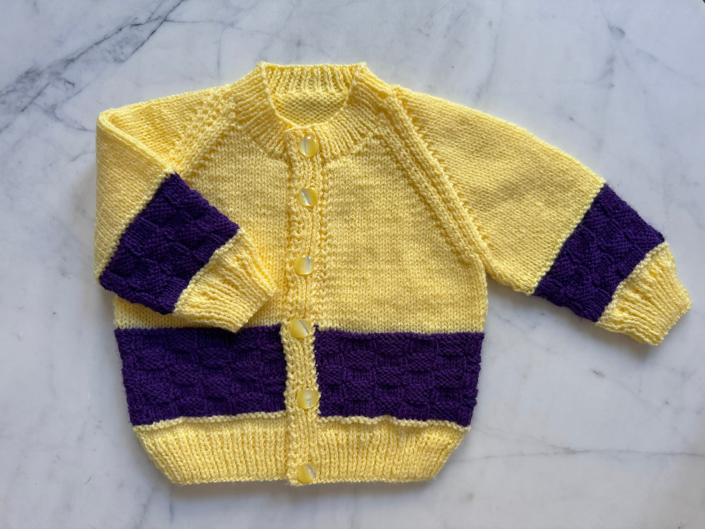 Handknitted Cardigan - 18-24 months (Size: 2) Lemon Yellow and Dark Purple