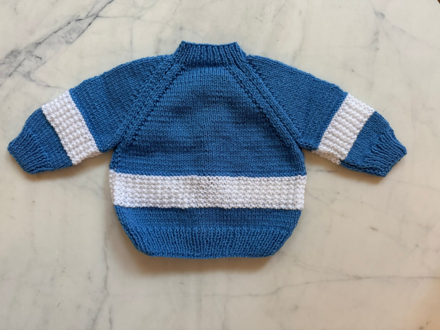 Handknitted Cardigan - 3-6 months (Size:00) Blue with solid white stripe