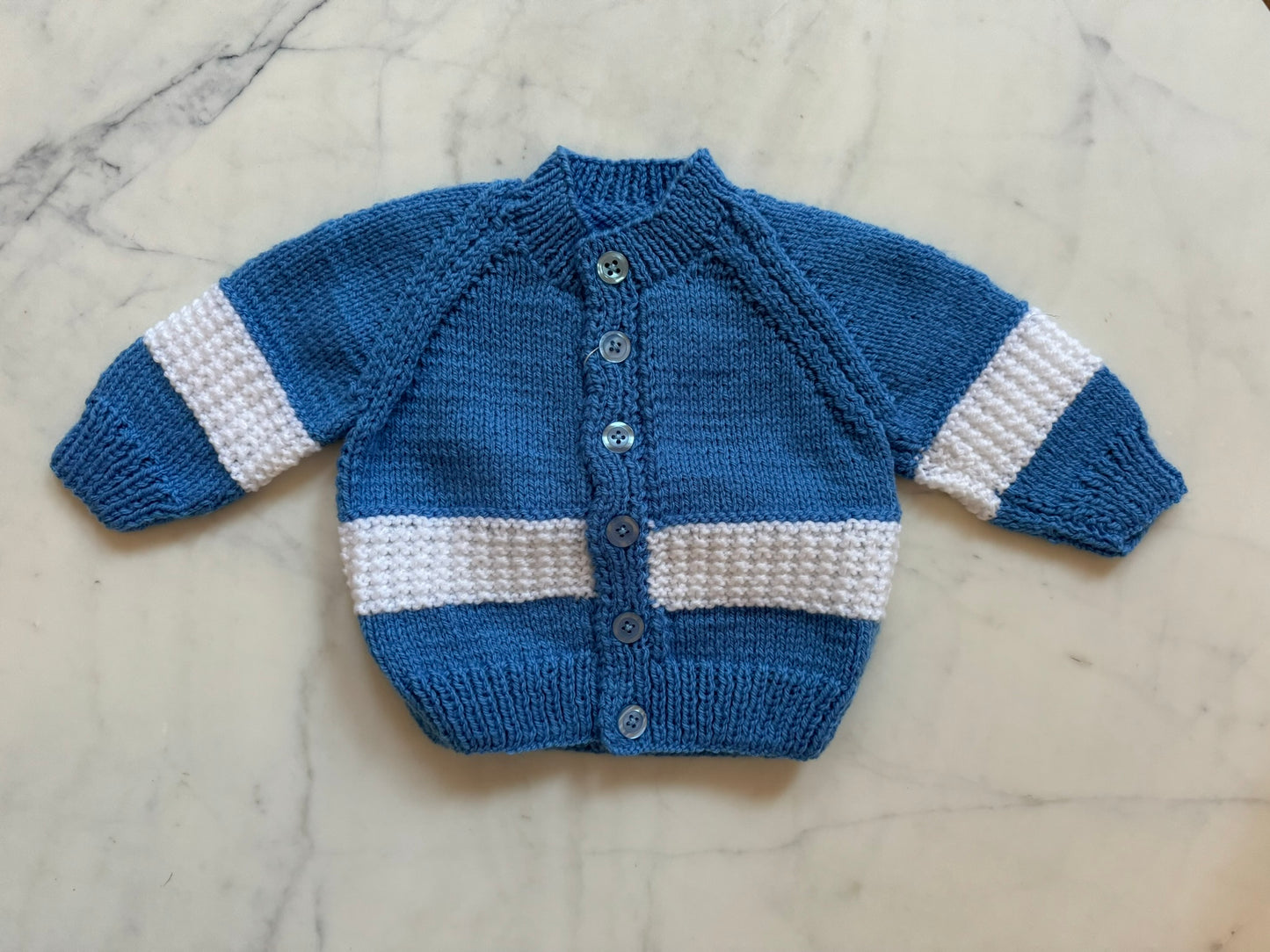 Handknitted Cardigan - 3-6 months (Size:00) Blue with solid white stripe