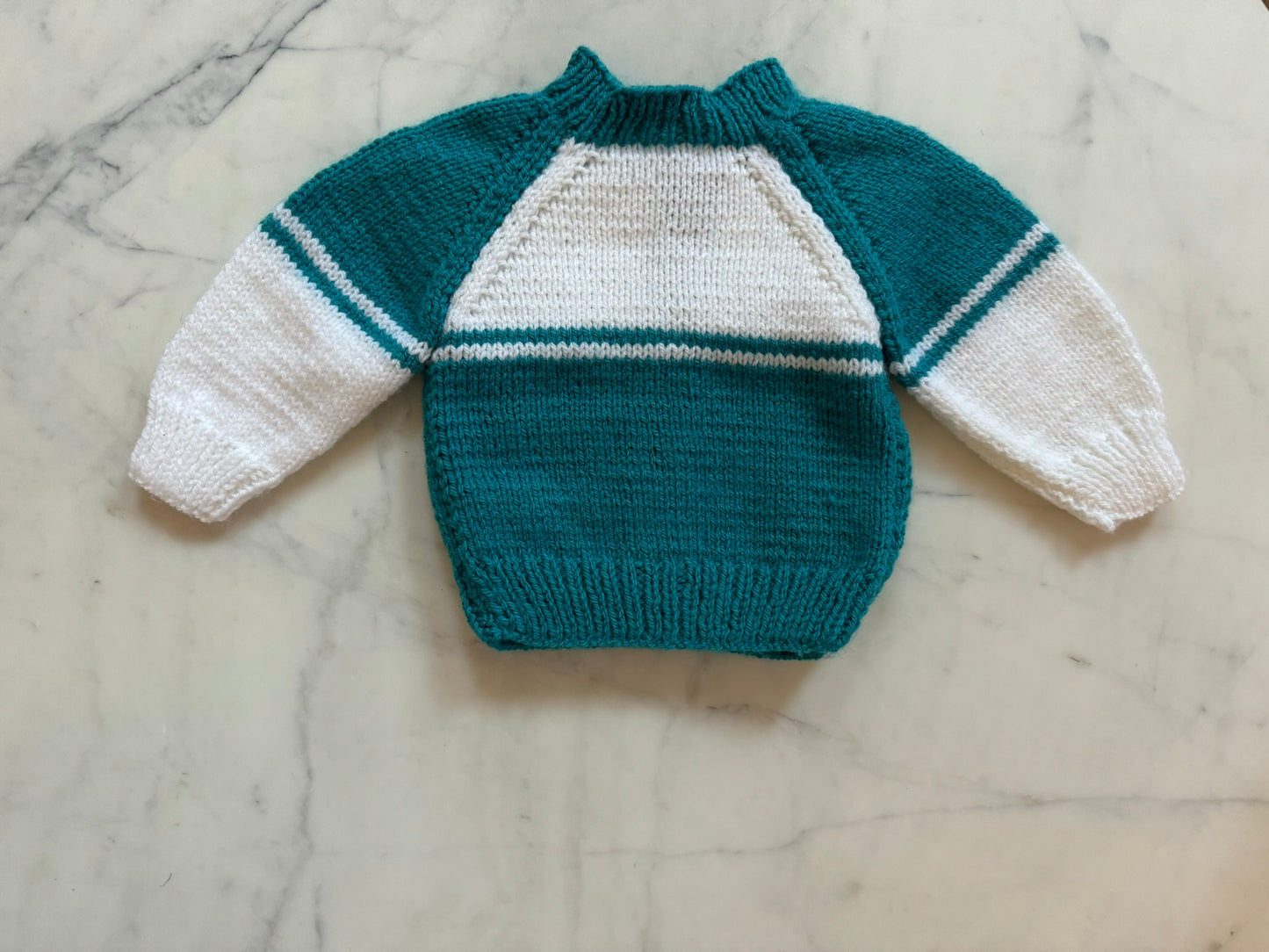 Handknitted Cardigan - 3-6 months (Size: 00) Forest Green and White