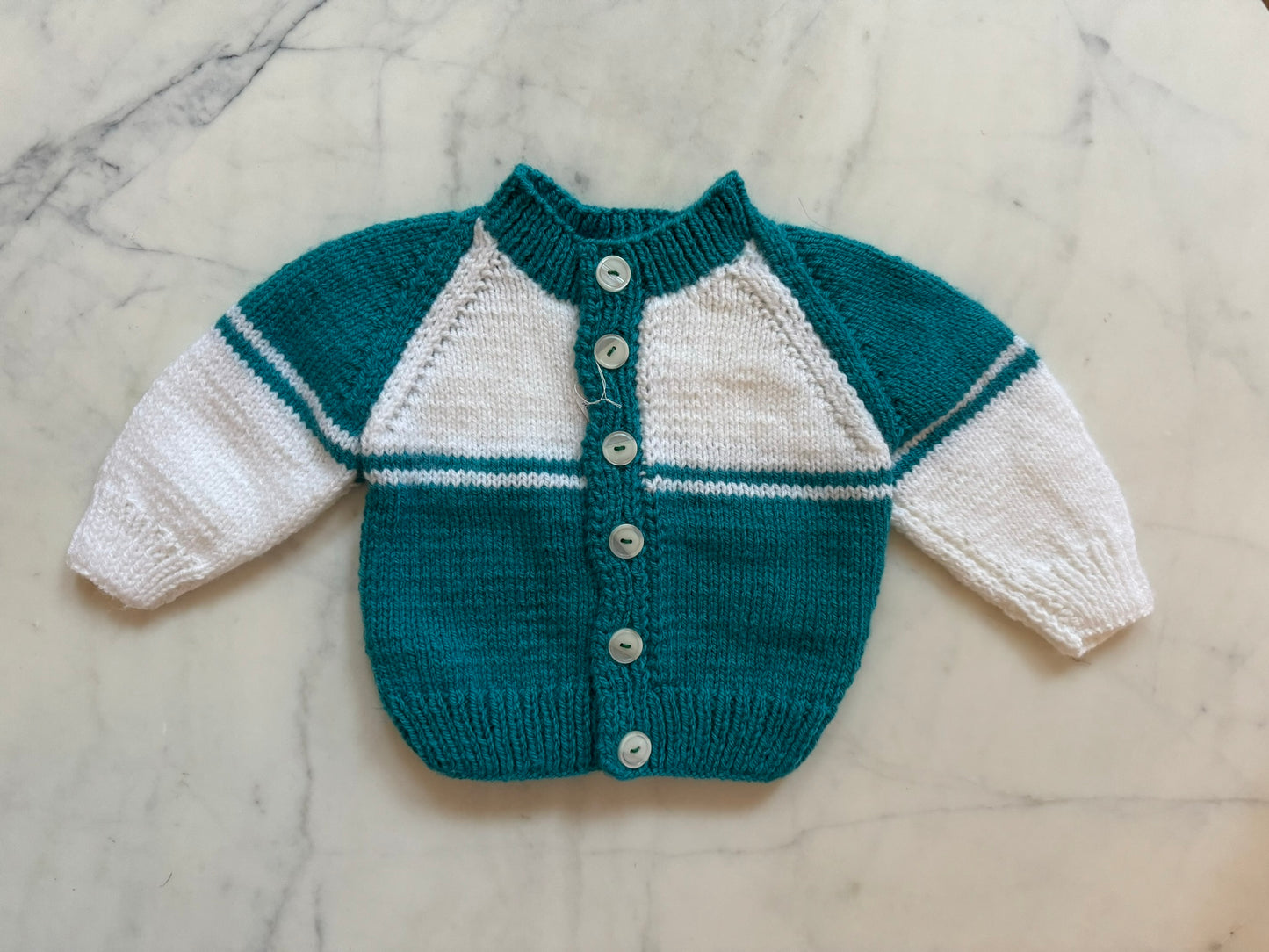 Handknitted Cardigan - 3-6 months (Size: 00) Forest Green and White