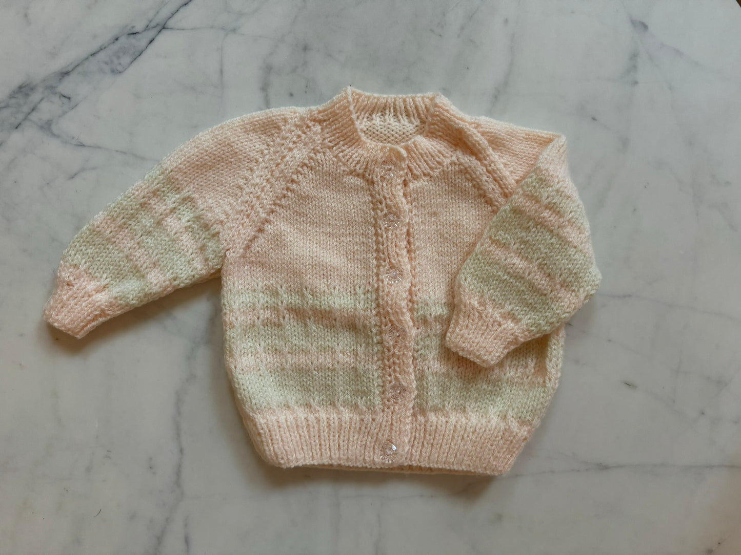 Handknitted Cardigan - 6-12 months (Size: 0) Pastel Apricot White Pattern