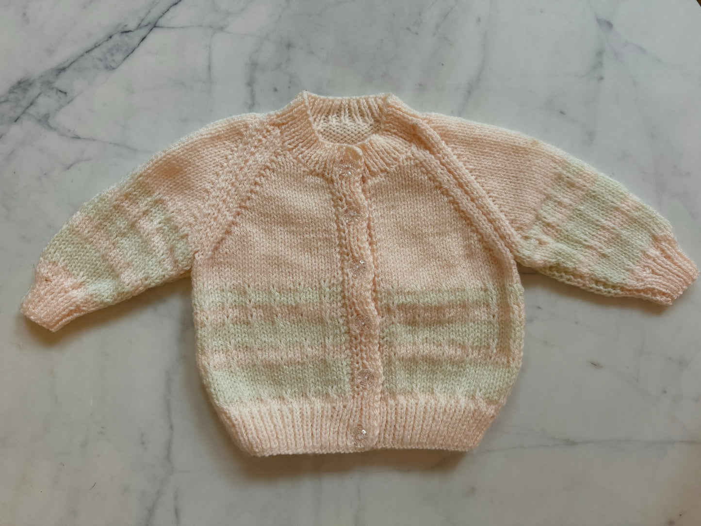 Handknitted Cardigan - 6-12 months (Size: 0) Pastel Apricot White Pattern