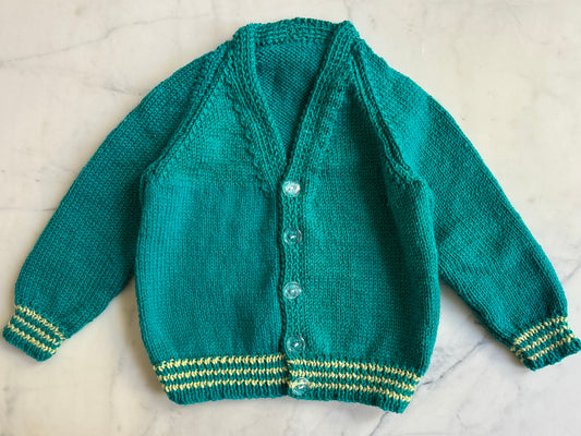 Handknitted Cardigan - 2 years Green with Yellow stripe