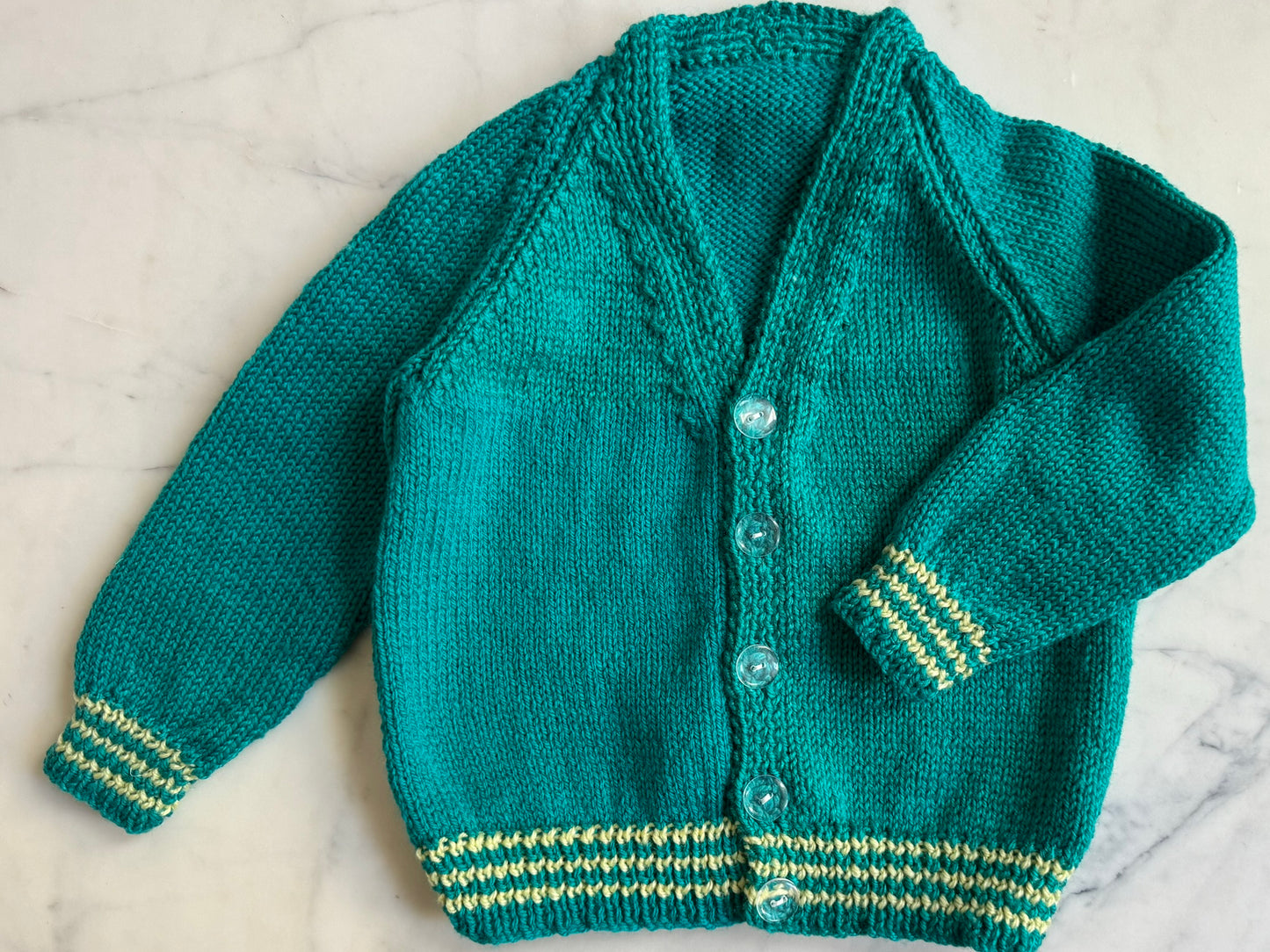 Handknitted Cardigan - 2 years Green with Yellow stripe