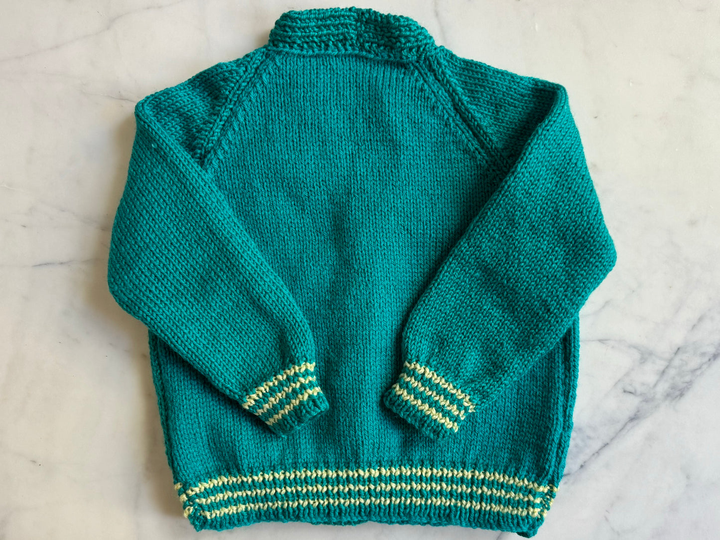 Handknitted Cardigan - 2 years Green with Yellow stripe