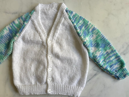 Handknitted Cardigan - 2 years White with Multi Blue Green