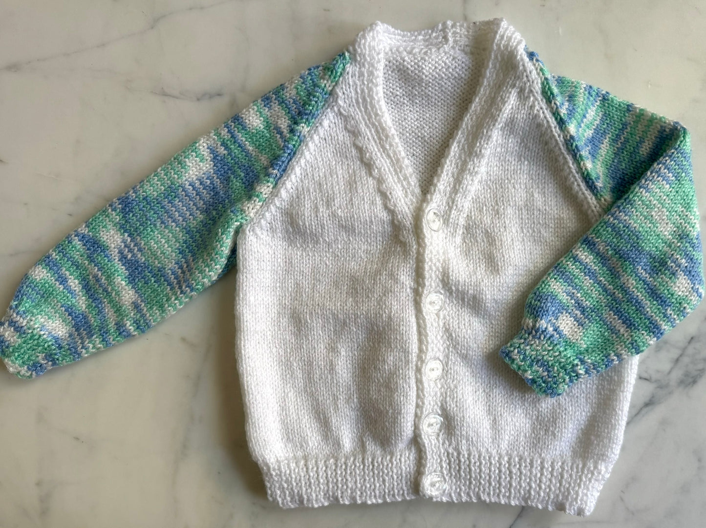 Handknitted Cardigan - 2 years White with Multi Blue Green