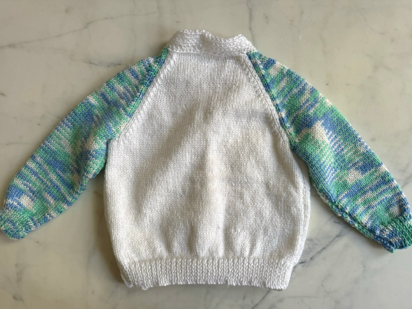 Handknitted Cardigan - 2 years White with Multi Blue Green