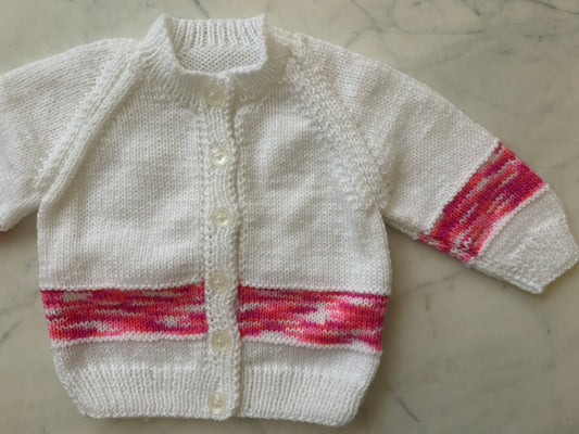 Handknitted Cardigan - 12-18 months (Size: 1) White and Pink Multi Stripe