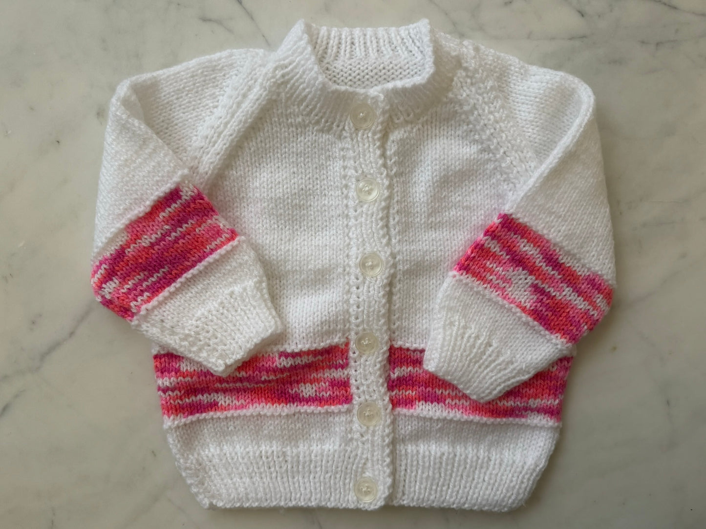 Handknitted Cardigan - 12-18 months (Size: 1) White and Pink Multi Stripe