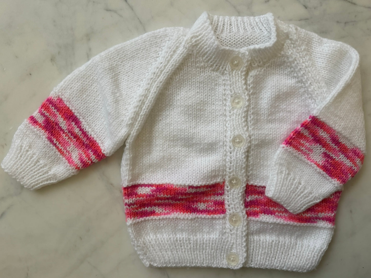 Handknitted Cardigan - 12-18 months (Size: 1) White and Pink Multi Stripe