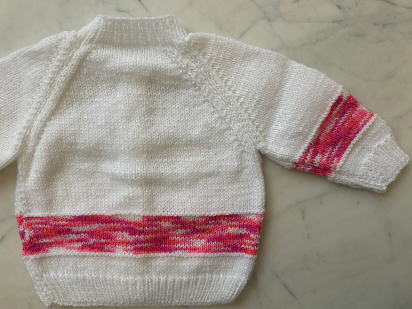 Handknitted Cardigan - 12-18 months (Size: 1) White and Pink Multi Stripe