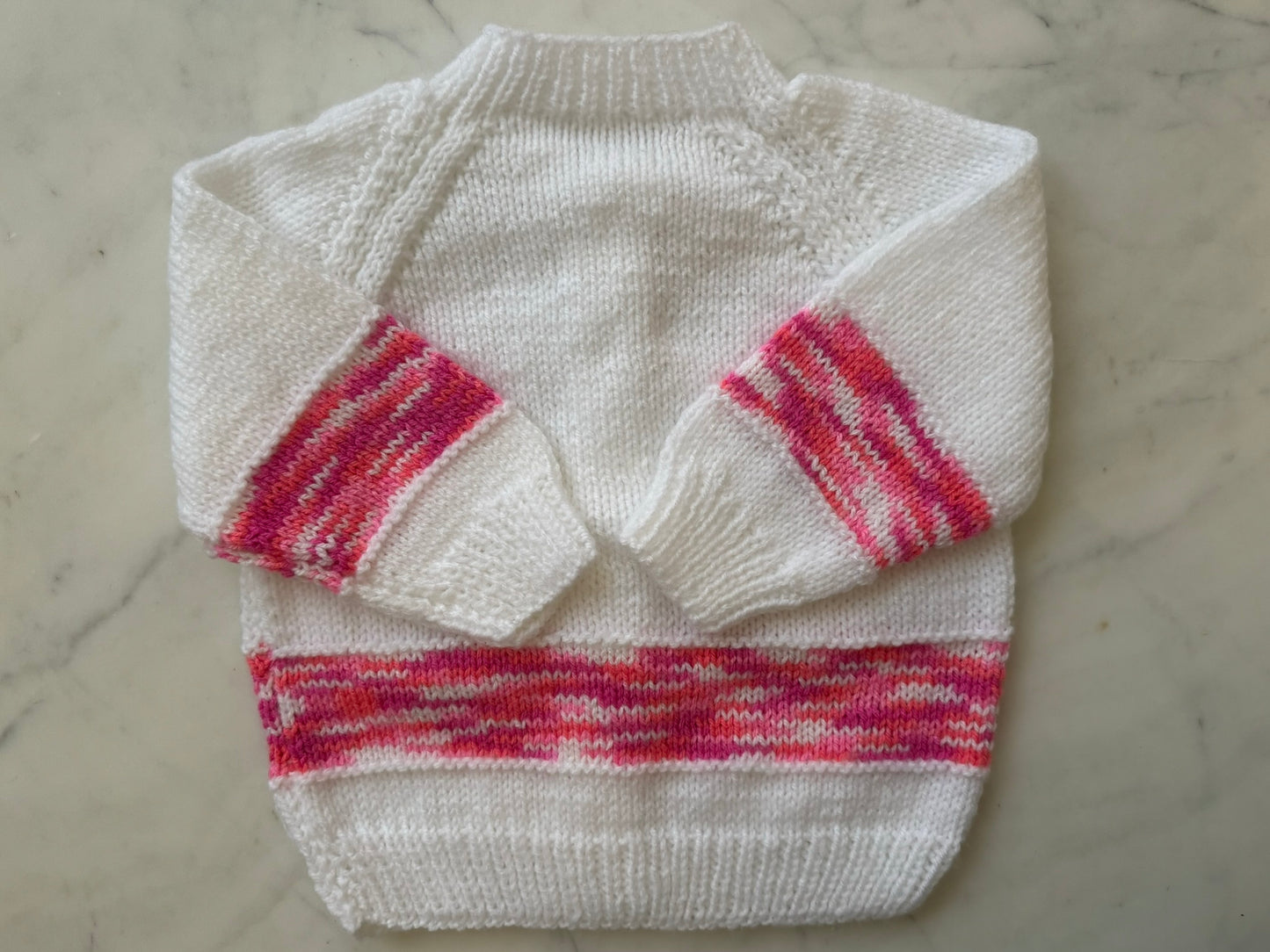 Handknitted Cardigan - 12-18 months (Size: 1) White and Pink Multi Stripe