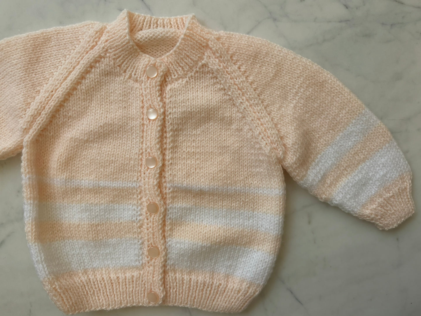 Handknitted Cardigan - 12-18 months (Size: 1) Peach with White Stripe