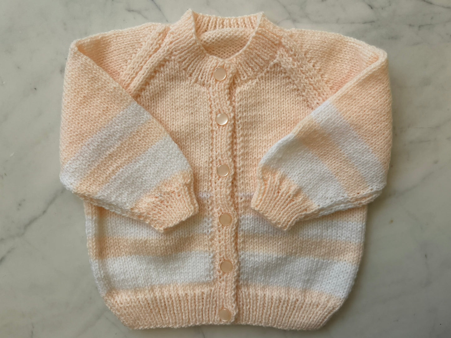 Handknitted Cardigan - 12-18 months (Size: 1) Peach with White Stripe