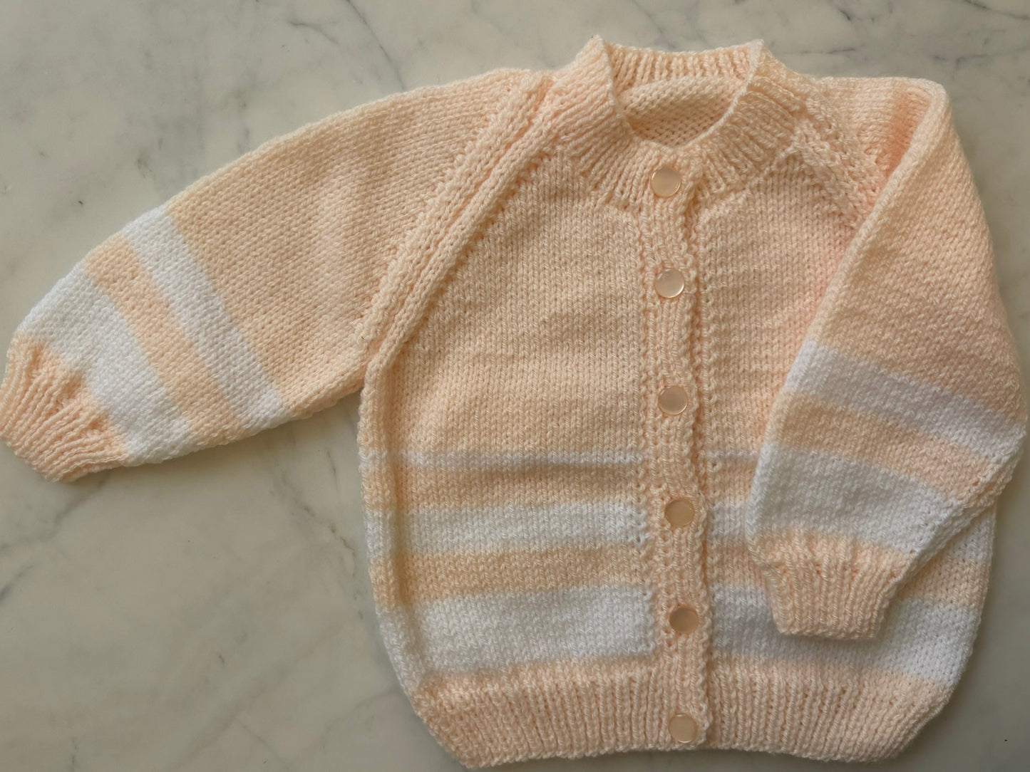 Handknitted Cardigan - 12-18 months (Size: 1) Peach with White Stripe