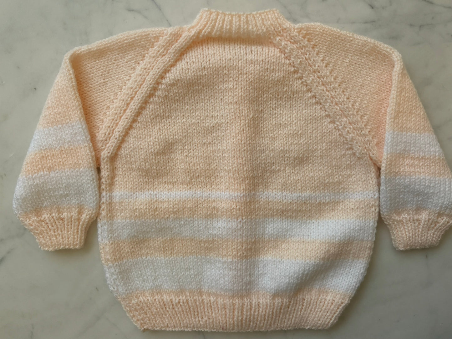 Handknitted Cardigan - 12-18 months (Size: 1) Peach with White Stripe