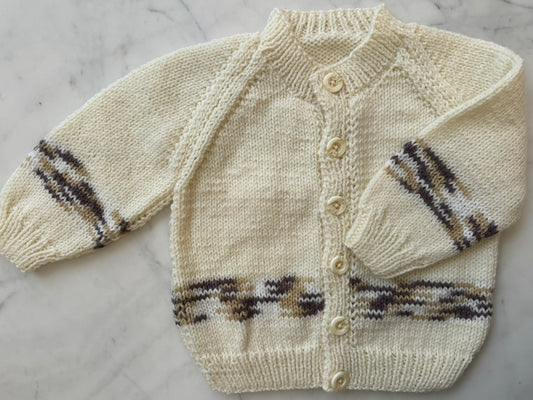 Handknitted Cardigan - 12-18 months (Size: 1) White and Brown Multi Stripe