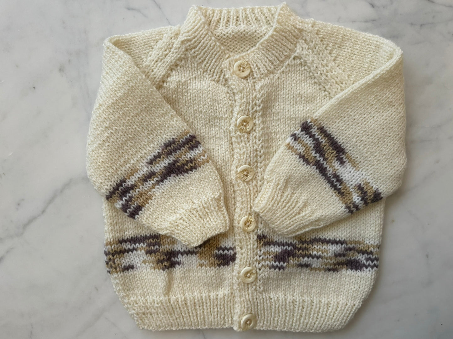 Handknitted Cardigan - 12-18 months (Size: 1) White and Brown Multi Stripe