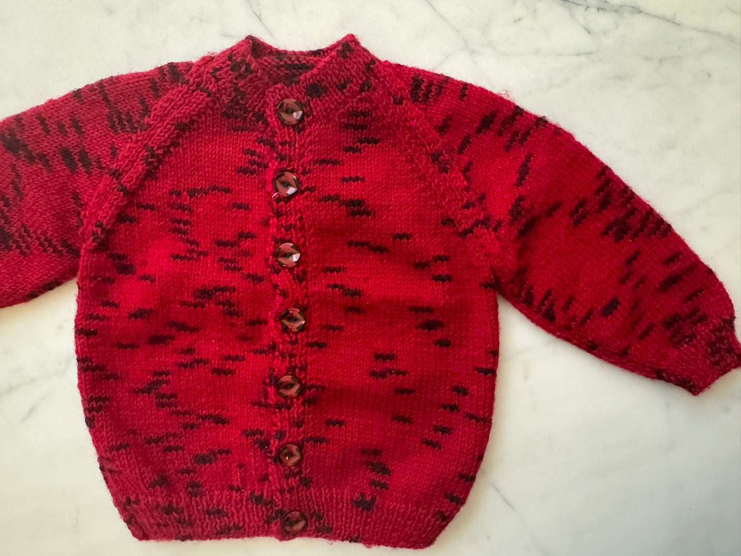 Handknitted Cardigan - 12-18 months (Size: 1) Crimson Red with Black Flecks