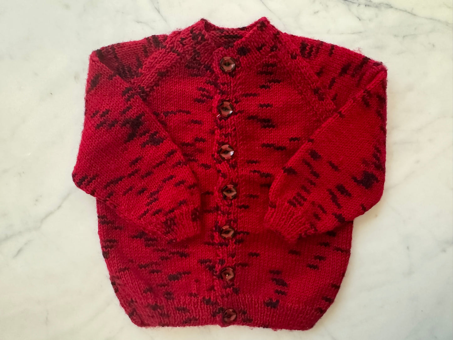 Handknitted Cardigan - 12-18 months (Size: 1) Crimson Red with Black Flecks