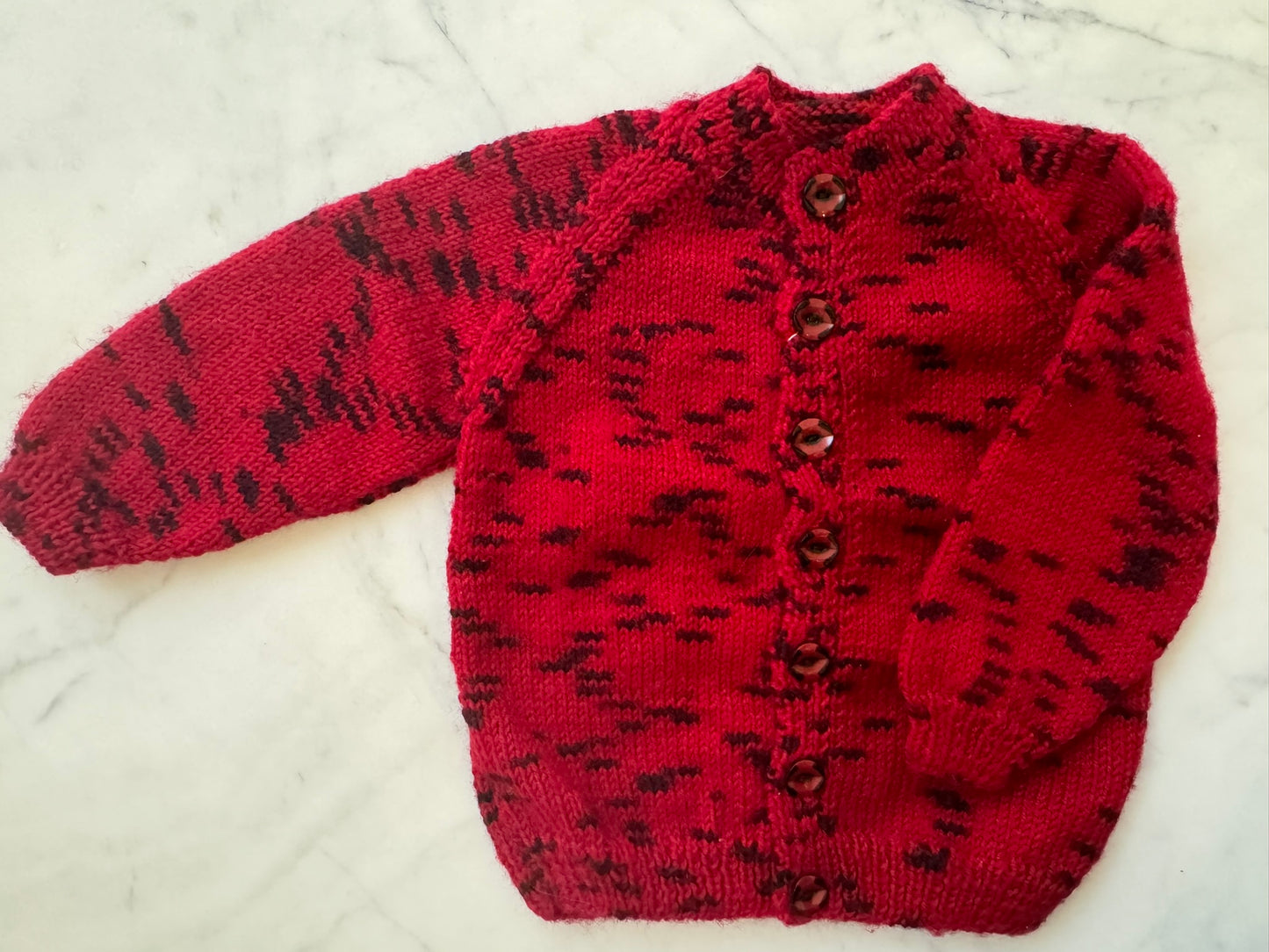 Handknitted Cardigan - 12-18 months (Size: 1) Crimson Red with Black Flecks