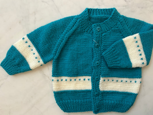 Handknitted Cardigan - 12-18 months (Size: 1) Teal Blue with White Stripe