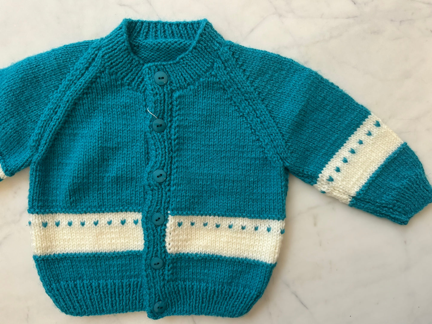 Handknitted Cardigan - 12-18 months (Size: 1) Teal Blue with White Stripe