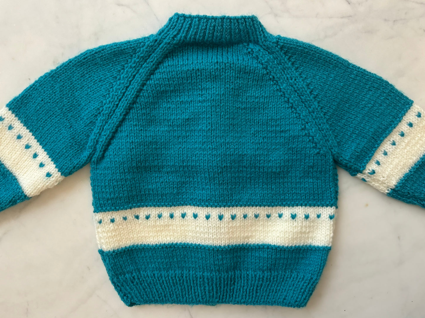 Handknitted Cardigan - 12-18 months (Size: 1) Teal Blue with White Stripe