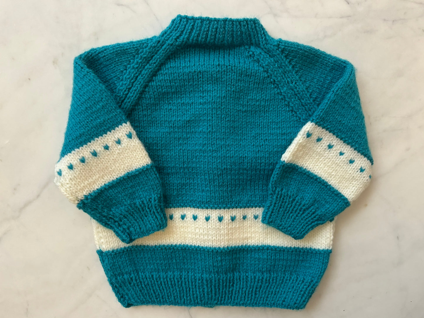 Handknitted Cardigan - 12-18 months (Size: 1) Teal Blue with White Stripe