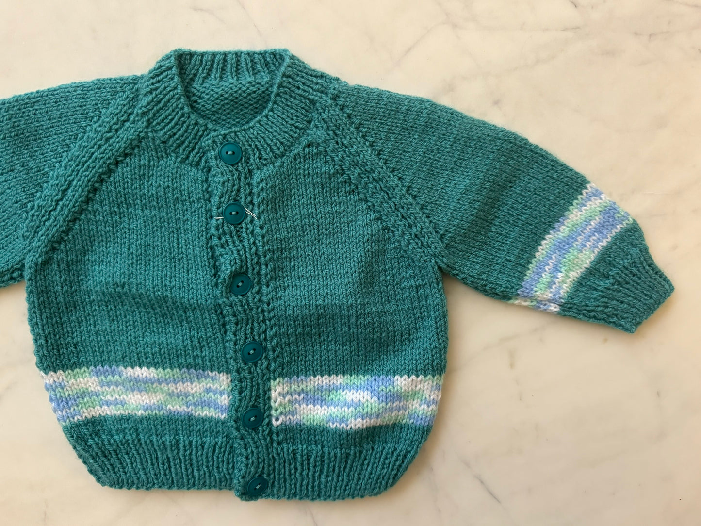 Handknitted Cardigan - 6-12 months (Size: 0) Teal Blue with Stripe