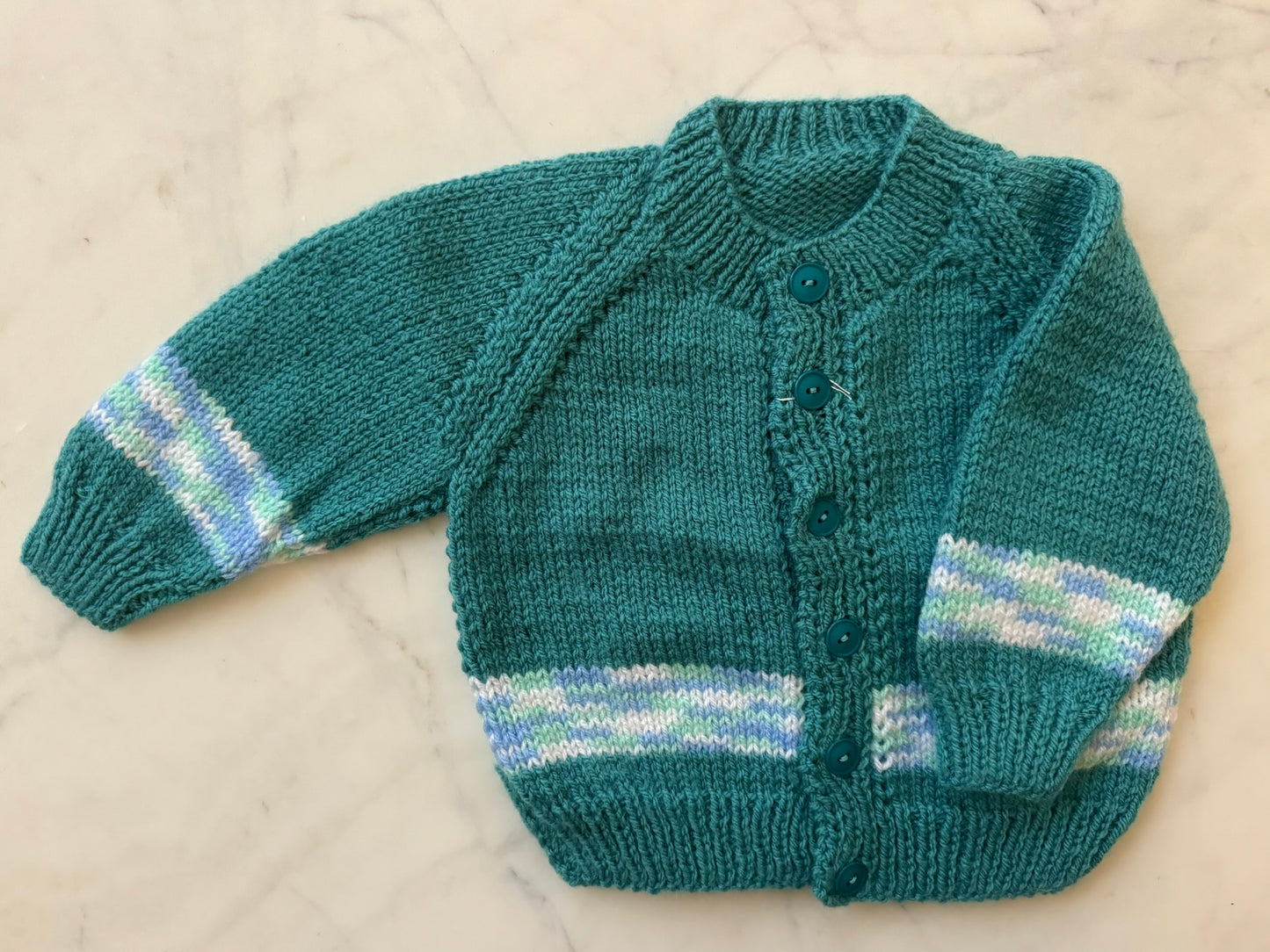 Handknitted Cardigan - 6-12 months (Size: 0) Teal Blue with Stripe