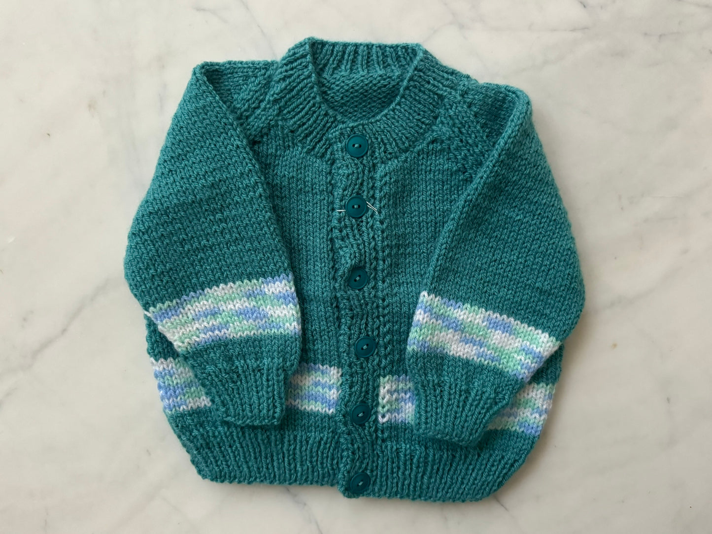 Handknitted Cardigan - 6-12 months (Size: 0) Teal Blue with Stripe