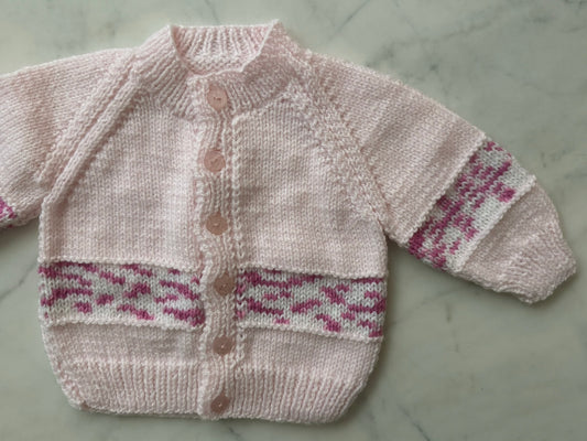 Handknitted Cardigan - 3-6 months (Size:00) Pastel Pink with Multi Pink Stripe