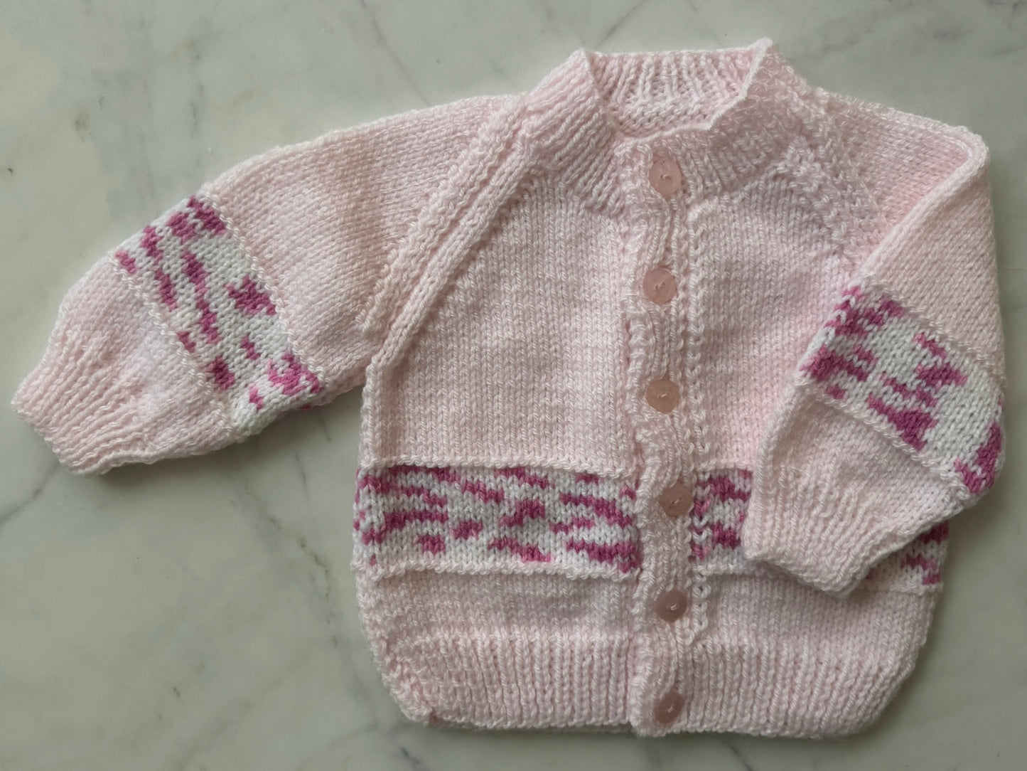 Handknitted Cardigan - 3-6 months (Size:00) Pastel Pink with Multi Pink Stripe