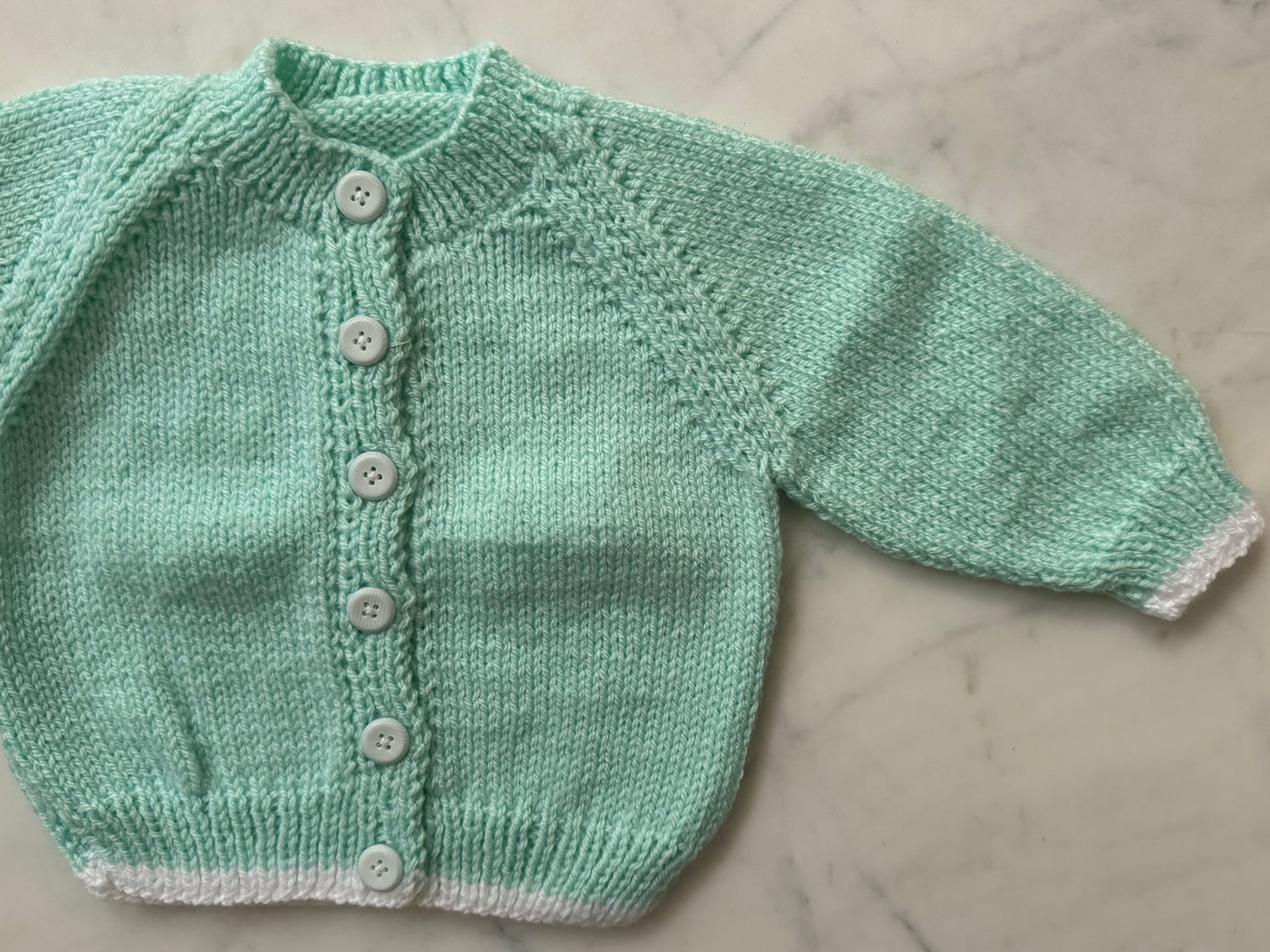 Handknitted Cardigan - 3-6 months (Size:00) Pastel Mint Green with White Stripe