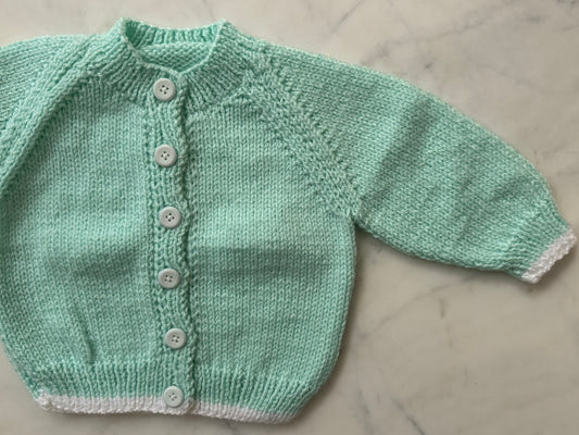 Handknitted Cardigan - 3-6 months (Size:00) Pastel Mint Green with White Stripe