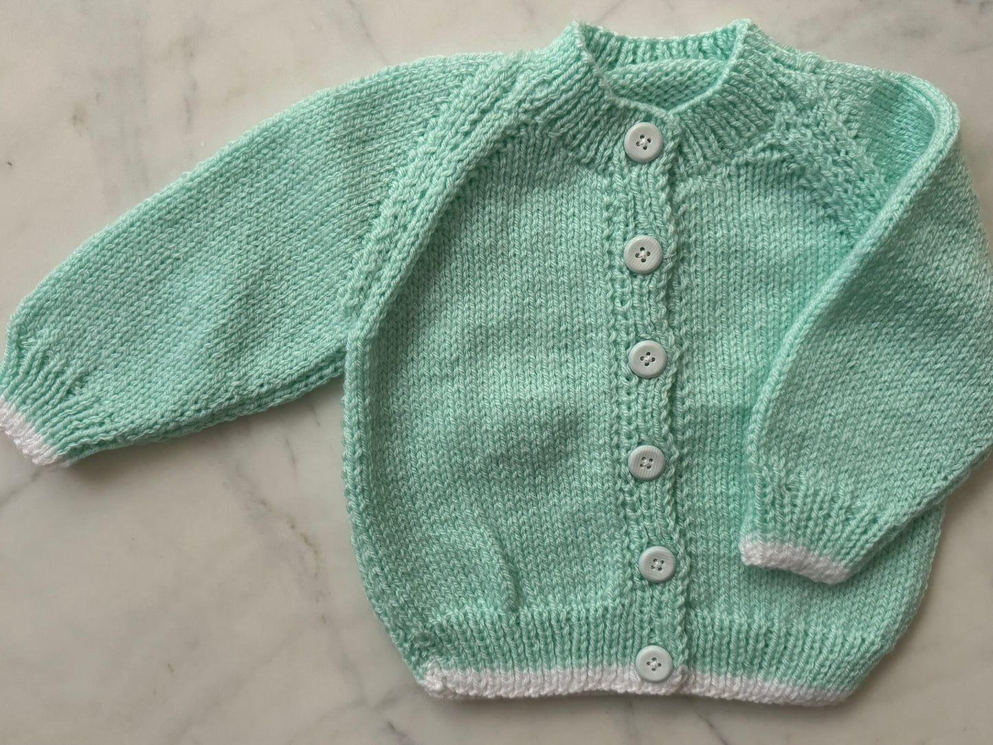 Handknitted Cardigan - 3-6 months (Size:00) Pastel Mint Green with White Stripe