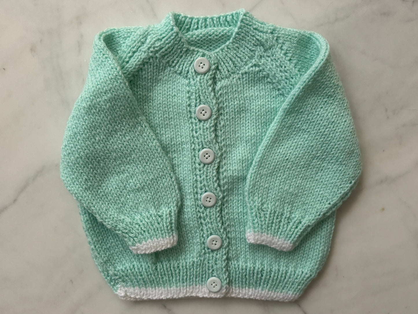 Handknitted Cardigan - 3-6 months (Size:00) Pastel Mint Green with White Stripe