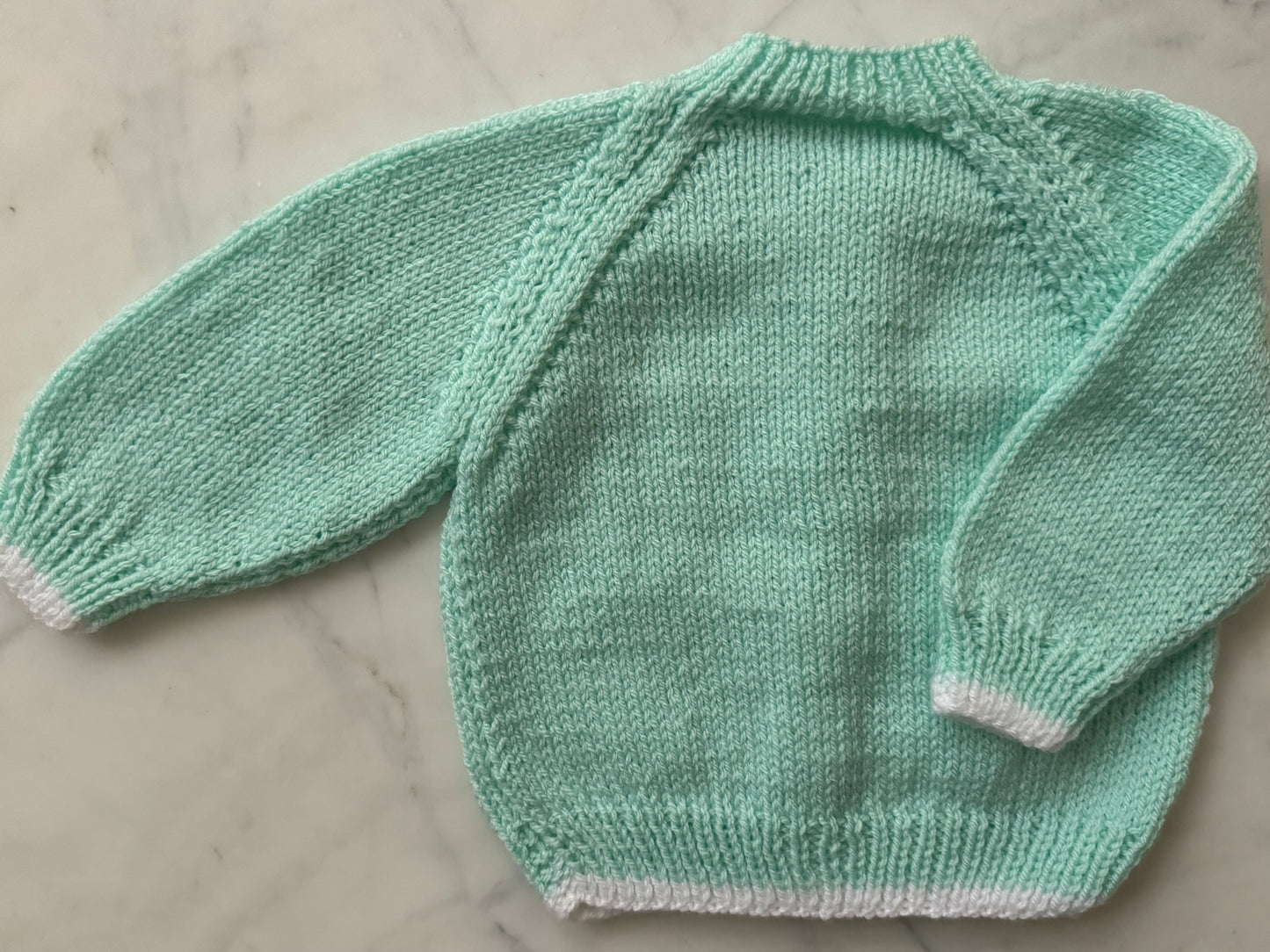 Handknitted Cardigan - 3-6 months (Size:00) Pastel Mint Green with White Stripe