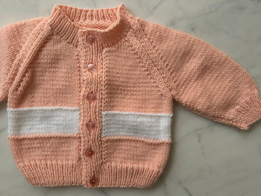 Handknitted Cardigan - 3-6 months (Size:00) Apricot with Solid White Stripe