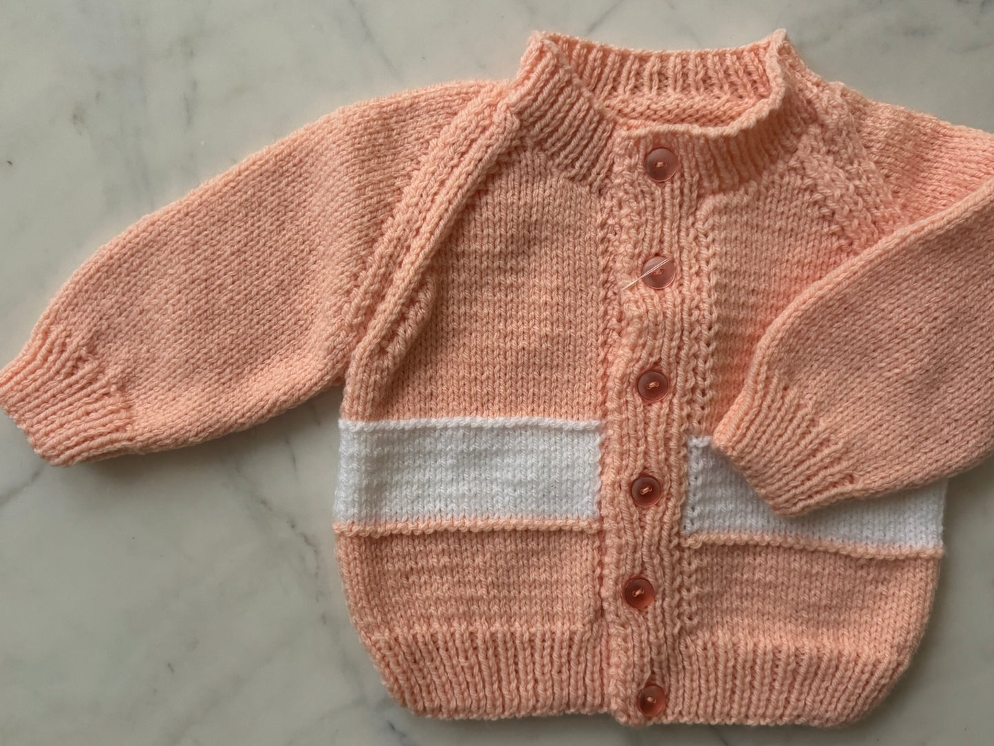 Handknitted Cardigan - 3-6 months (Size:00) Apricot with Solid White Stripe