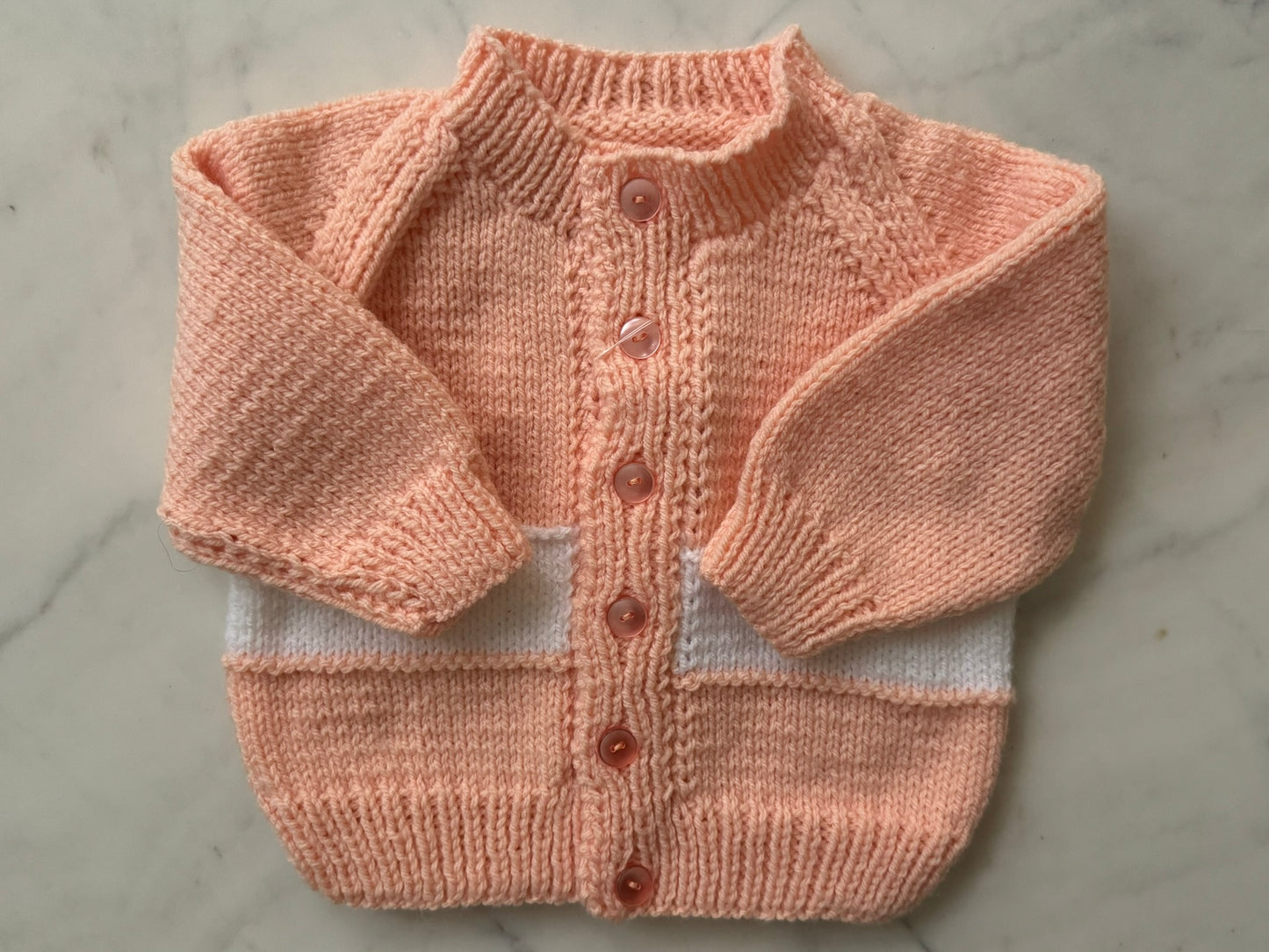 Handknitted Cardigan - 3-6 months (Size:00) Apricot with Solid White Stripe